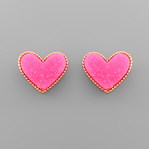 Large Druzy Heart Earrings Gold/Pink