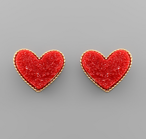 Large Druzy Heart Earrings Gold/Red