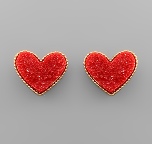 Large Druzy Heart Earrings Gold/Red