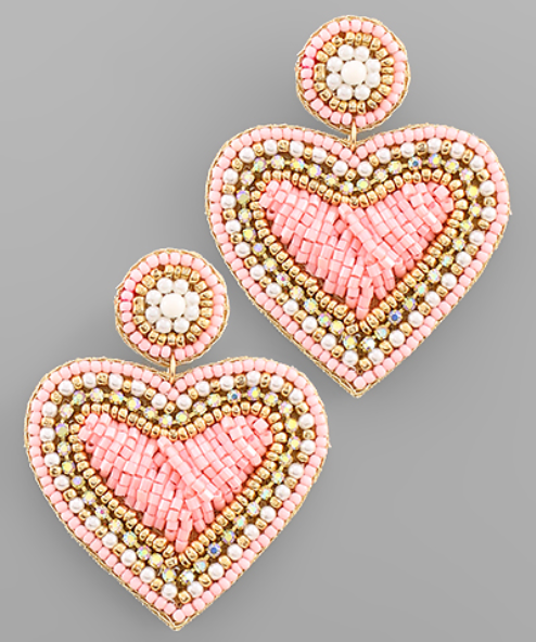 Large Seed Bead Beaded Heart Earrings Light Pink