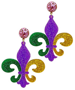 Mardi Gras Fleur De Lis Glitter Acrylic Earrings