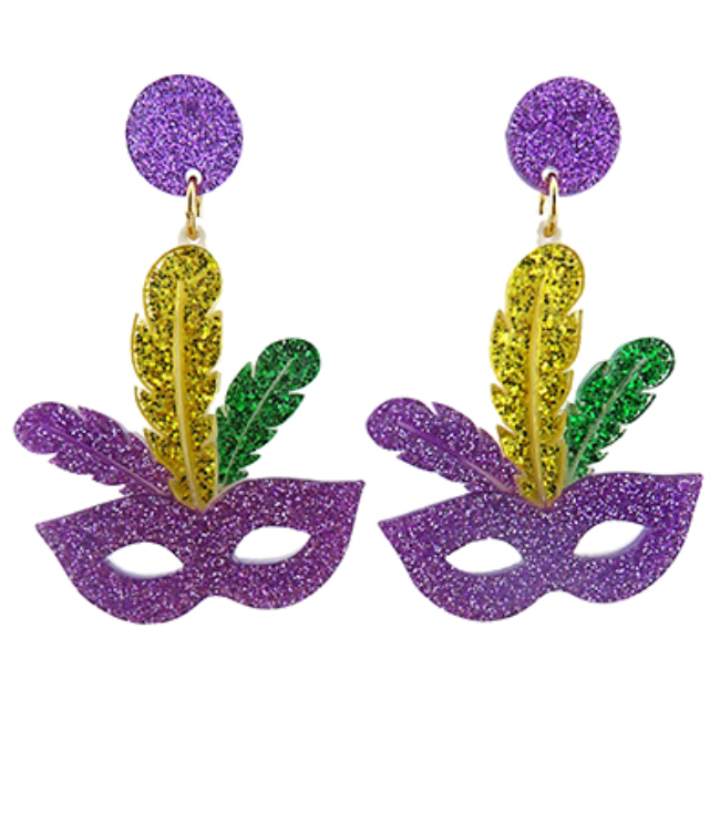 Mardi Gras Glitter Mask Acrylic Earrings Purple