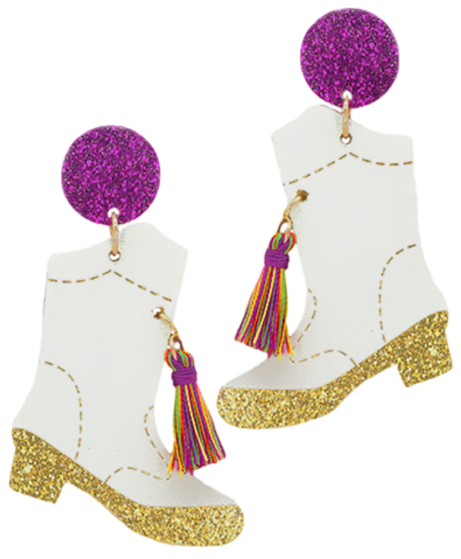 Mardi Gras Marching Boots Glittery Acrylic Earrings White