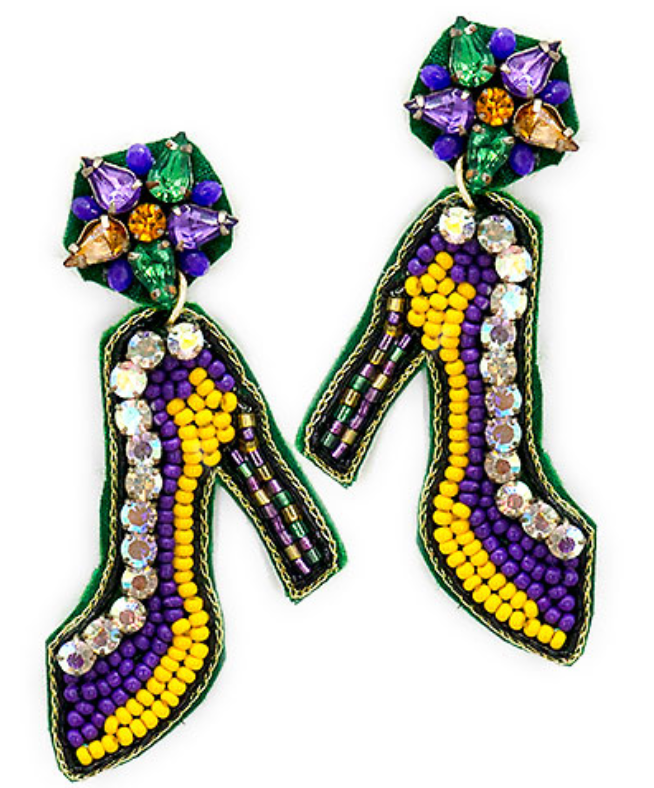 Mardi Gras Stiletto Seed Bead Beaded Earrings Purple