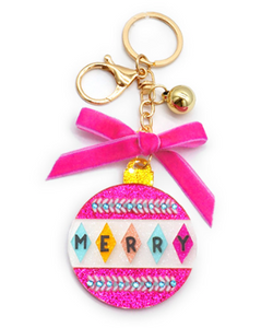 Merry Retro Christmas Ornament Keychain Pink