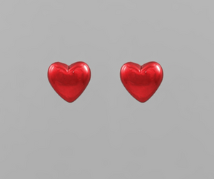 Metallic Puffy Heart Stud Earrings Red