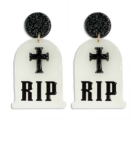 RIP Gravestone Glittery Glow In The Dark Acrylic Earrings Black/White