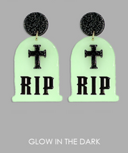 Load image into Gallery viewer, RIP Gravestone Glittery Glow In The Dark Acrylic Earrings Black/White