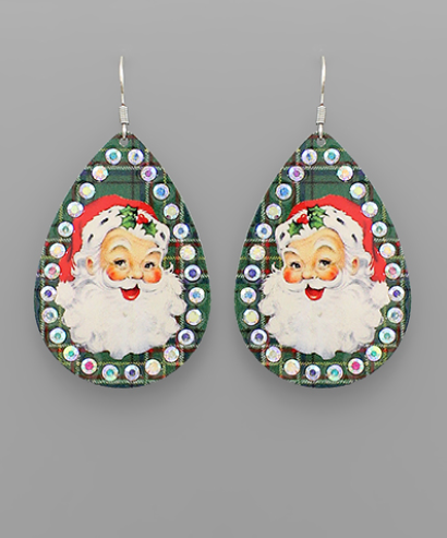 Retro Santa Plaid Bling Tear Drop Dangle Earrings Green