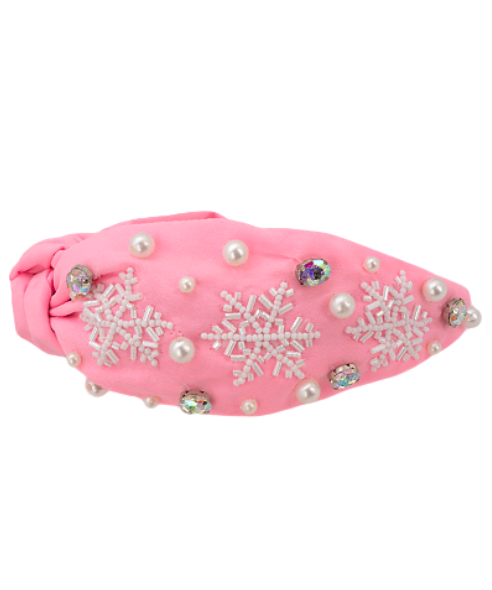Snowflake Crystal & Pearl Seed Bead Beaded Headband Pink