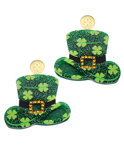 St Patrick's Day Glitter Acrylic Hat Earrings Green