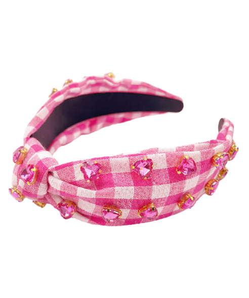 Valentine Hearts Bling Gingham Headband Pink & White