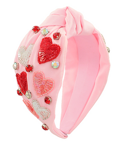 Valentine Hearts & Bling Seed Bead Beaded Headband Pink/Red