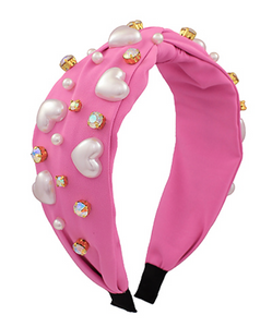 Valentine Pearl Hearts & Bling Headband Pink