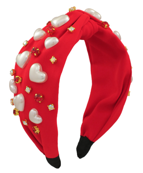 Valentine Pearl Hearts & Bling Headband Red