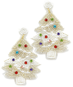 White Bling Christmas Tree Seed Bead Beaded Earrings