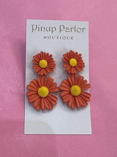 Double Daisy Color Coat Drop Earrings Orange