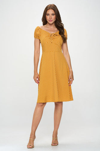 Polka Dot Ruched Front Dress Mustard