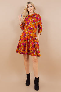 Retro Floral Tunic Dress Orange/Pink/Plum/Rust