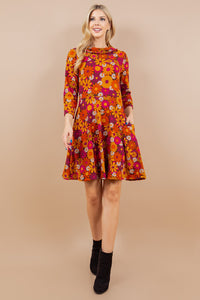 Retro Floral Tunic Dress Orange/Pink/Plum/Rust