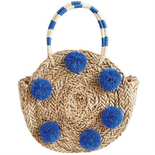 Load image into Gallery viewer, Mud Pie Pom Pom Circle Tote Natural/Blue