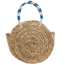 Load image into Gallery viewer, Mud Pie Pom Pom Circle Tote Natural/Blue