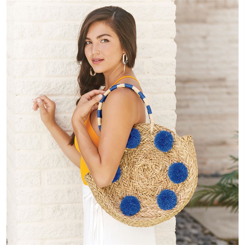 Mud Pie Pom Pom Circle Tote Natural/Blue