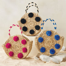 Load image into Gallery viewer, Mud Pie Pom Pom Circle Tote Natural/Blue