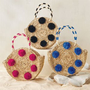 Mud Pie Pom Pom Circle Tote Natural/Blue