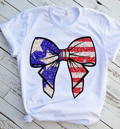 Patriotic Faux Sequin Glitter Bow Graphic Tee White