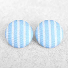 Load image into Gallery viewer, Light Blue Stripes Bold Large Fabric Covered Button Earrings