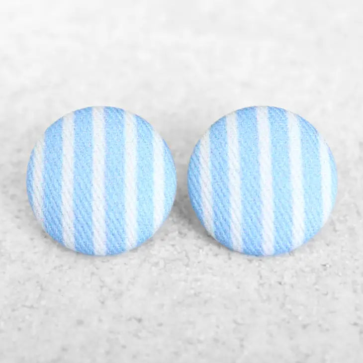 Light Blue Stripes Bold Large Fabric Covered Button Earrings