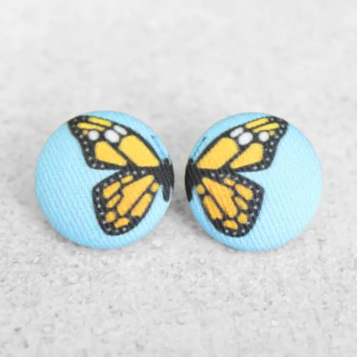 Monarch Butterfly Wings Bold Large Fabric Covered Button Earrings