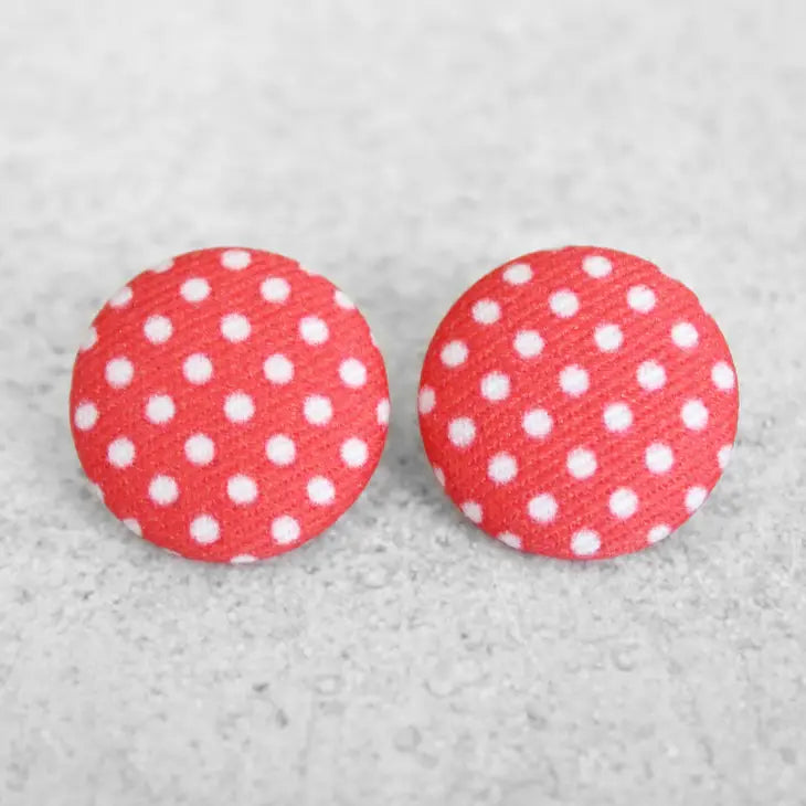 Red Polka Dot Bold Large Fabric Covered Button Earrings