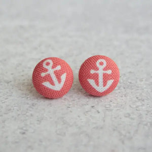 Tiny Anchors Red Fabric Covered Button Earrings