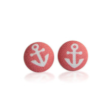 Load image into Gallery viewer, Tiny Anchors Red Fabric Covered Button Earrings