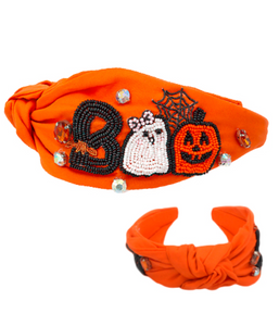 Halloween Boo Seed Bead Headband Orange