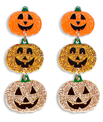 Jack-o-lantern Pumpkin Acrylic 3 Tier Drop Earrings Orange/Gold