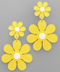 Double Daisy Glitter Acrylic Drop Earrings Bright Yellow