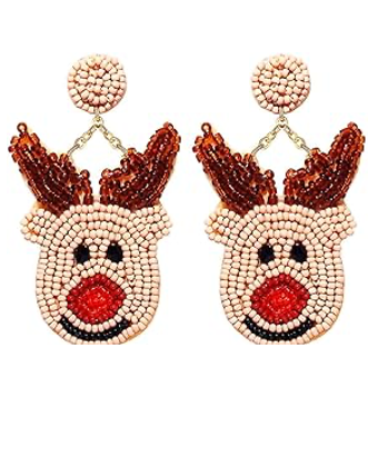 Reindeer Seed Bead Beaded Earrings Tan