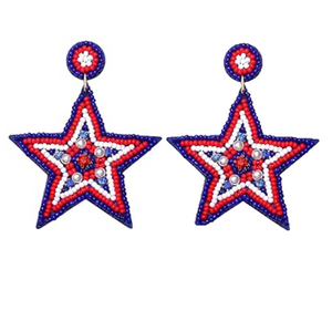 Patriotic Pearl Star Seed Bead Beaded Earrings Red/White/Blue
