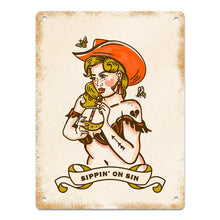 Load image into Gallery viewer, Sippin on Sin Retro Country Western Pinup Metal Sign