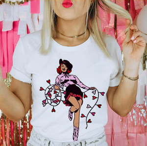 Valentine Cowgirl Pinup Graphic Tee White