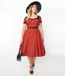 Unique Vintage Polka Dot Swing Dress Rust