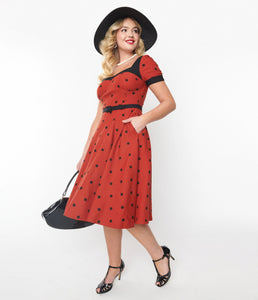 Unique Vintage Polka Dot Swing Dress Rust