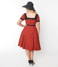 Load image into Gallery viewer, Unique Vintage Polka Dot Swing Dress Rust