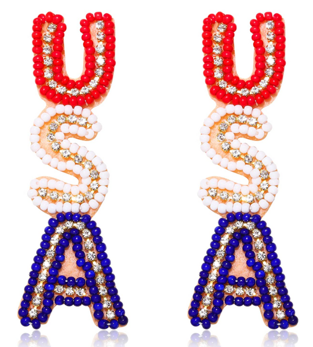 Patriotic USA Seed Bead Beaded Earrings Red/White/Blue