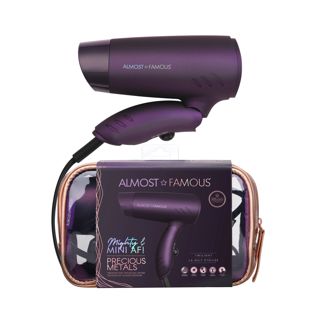 Almost Famous Mighty AF Mini Travel Hair Dryer Dark Purple w/Rose Gold Iridescent Bag