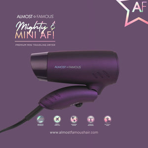 Almost Famous Mighty AF Mini Travel Hair Dryer Dark Purple w/Rose Gold Iridescent Bag