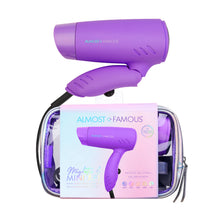 Load image into Gallery viewer, Almost Famous Mighty AF Orchids Delivered Mini Travel Hair Dryer Purple w/Silver Iridescent Bag
